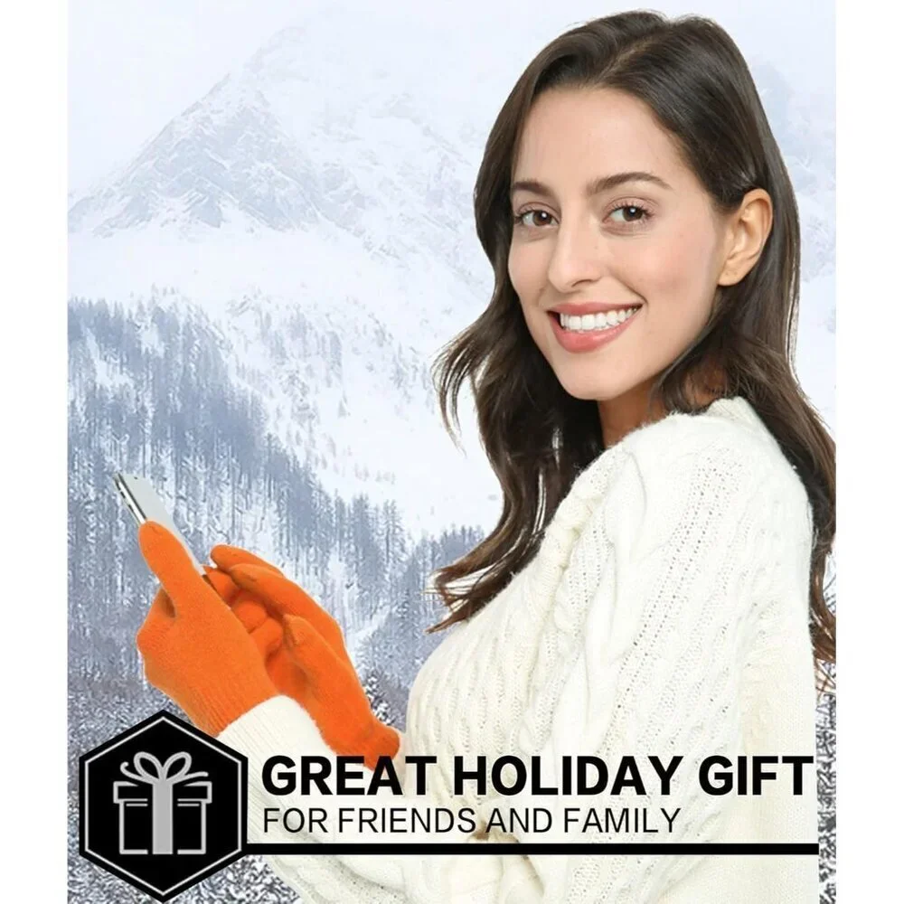 Women's Orange Winter Touchscreen Wool Magic Warm Knit Fleece Lined Gloves